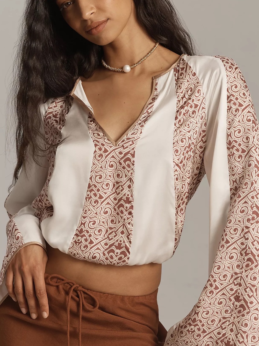 Anthropologie - Brown and White Silky Stripe Printed Blouse